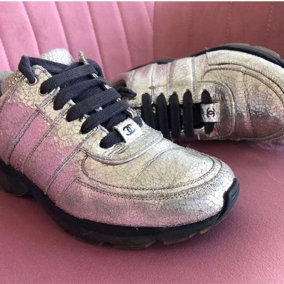 CHANEL Leather Silver Metallic Sneakers. 37 1/5 - Picture 7 of 8
